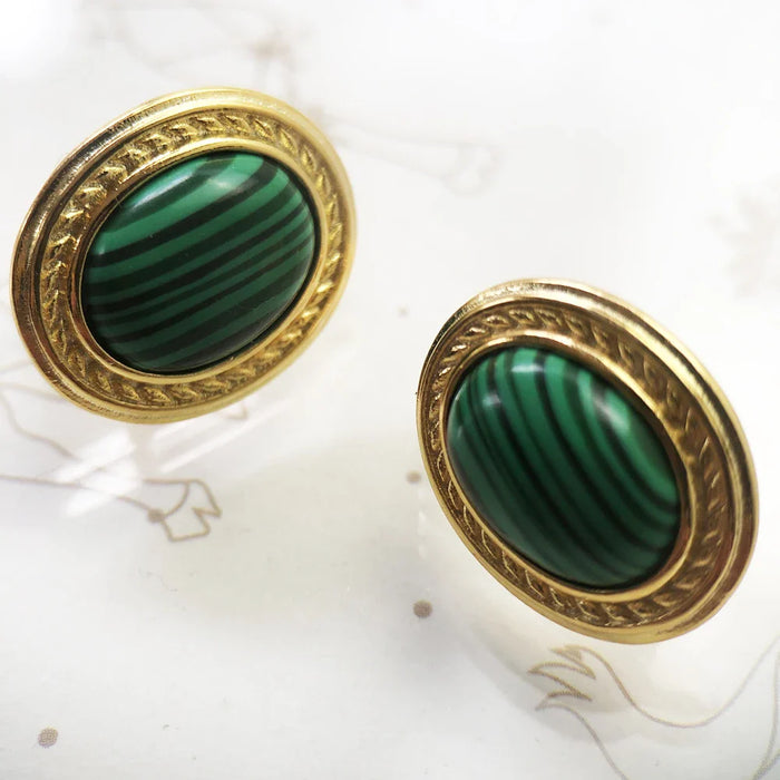 925 Sterling Silver Green Oval Stone Stud Earrings Vintage Style