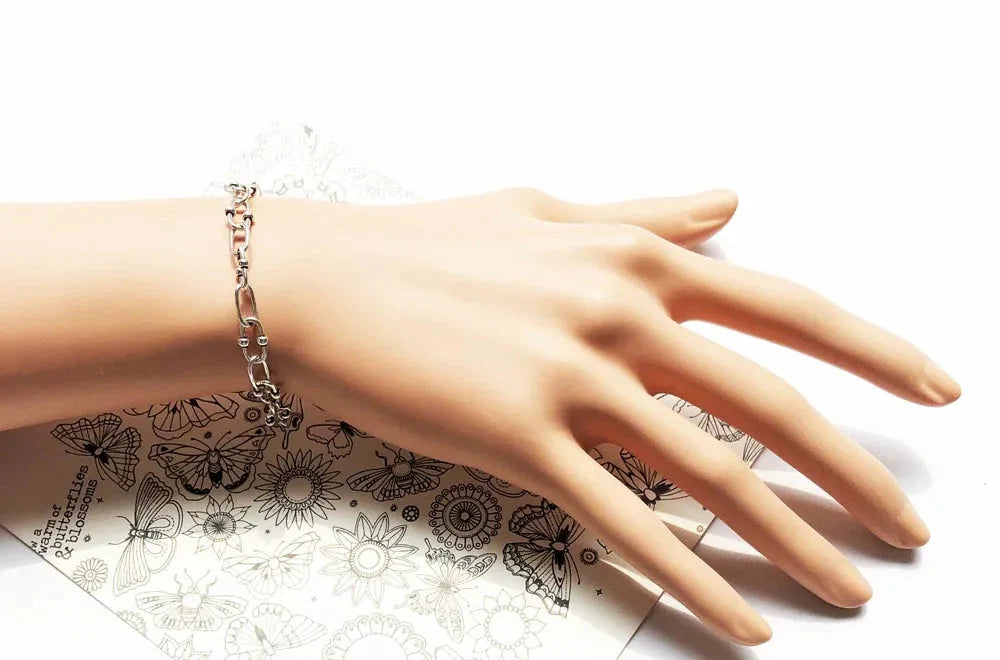 925 Sterling Silver Blackened Link Chain Charm Bracelet Rebel For Women And Men