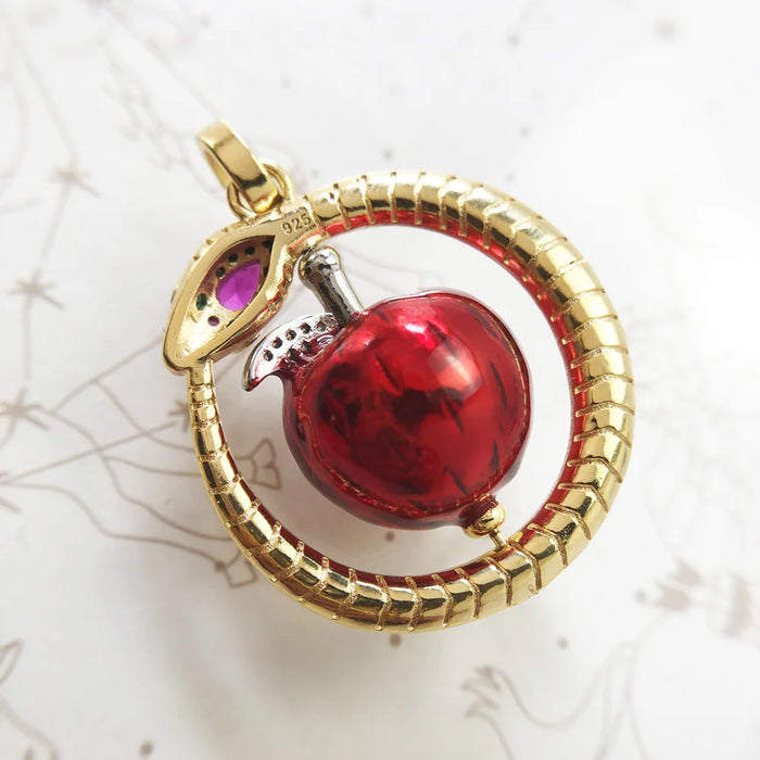 925 Sterling Silver Romantic Red Apple Pendant With Golden Snake