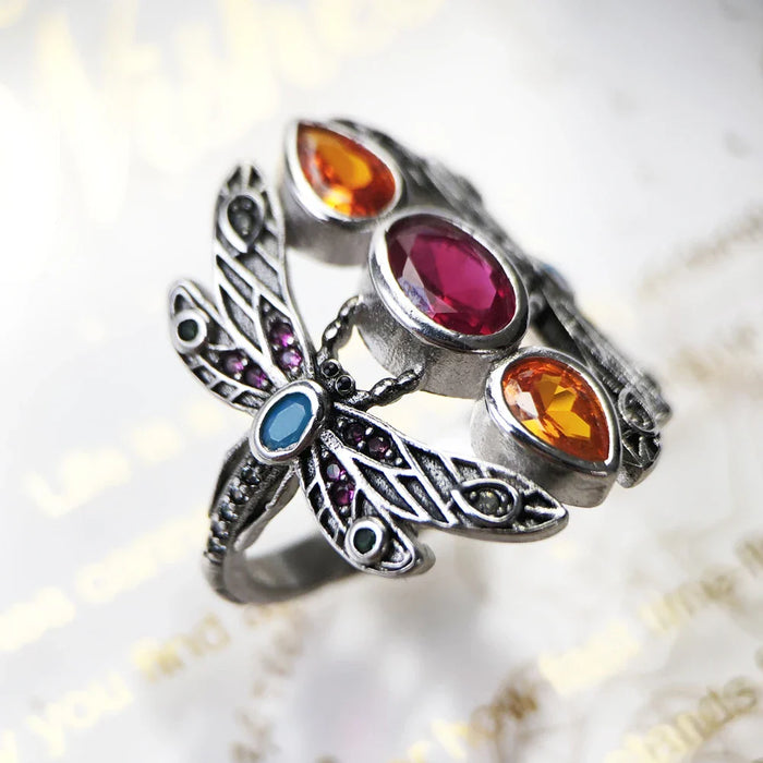 925 Sterling Silver Bohemian Dragonfly Ring Handcrafted Colourful Jewelry Happy For Women