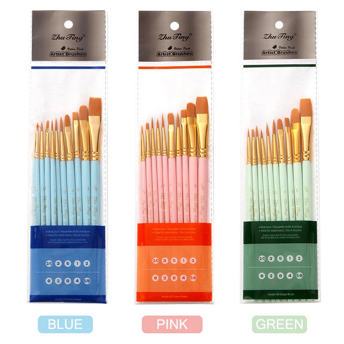 10 Piece Art Brush Set For Acrylic Gouache Oil Watercolour Wooden Handle Synthetic Nylon Tips