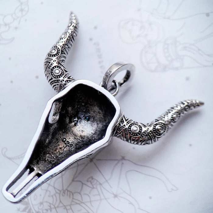 925 Sterling Silver Blue Bull Head Skull Pendant Turquoise Rebel Jewelry For Men & Women