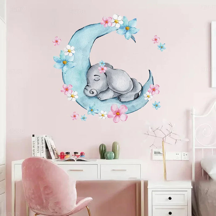 Sleeping Baby Elephant On Moon Wall Stickers For Nursery Room