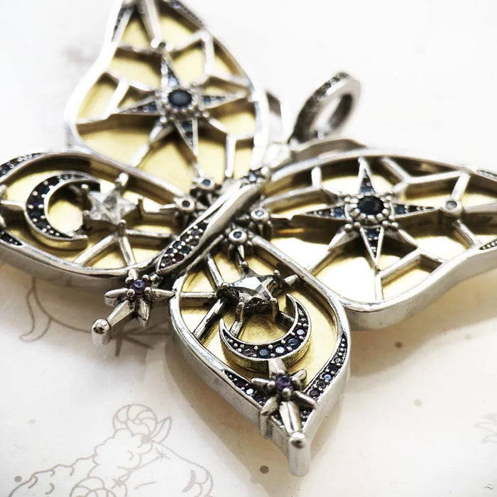 925 Sterling Silver Bicolour Butterfly Pendant With Moon & Stars Fine Jewelry Europe Magic Gift For Women
