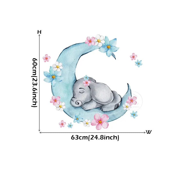 Sleeping Baby Elephant On Moon Wall Stickers For Nursery Room