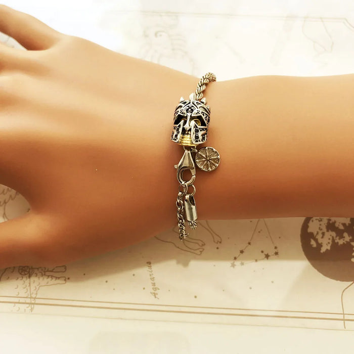 925 Sterling Silver Skull Knight Karma Wheel Chain Bracelet Unisex Party