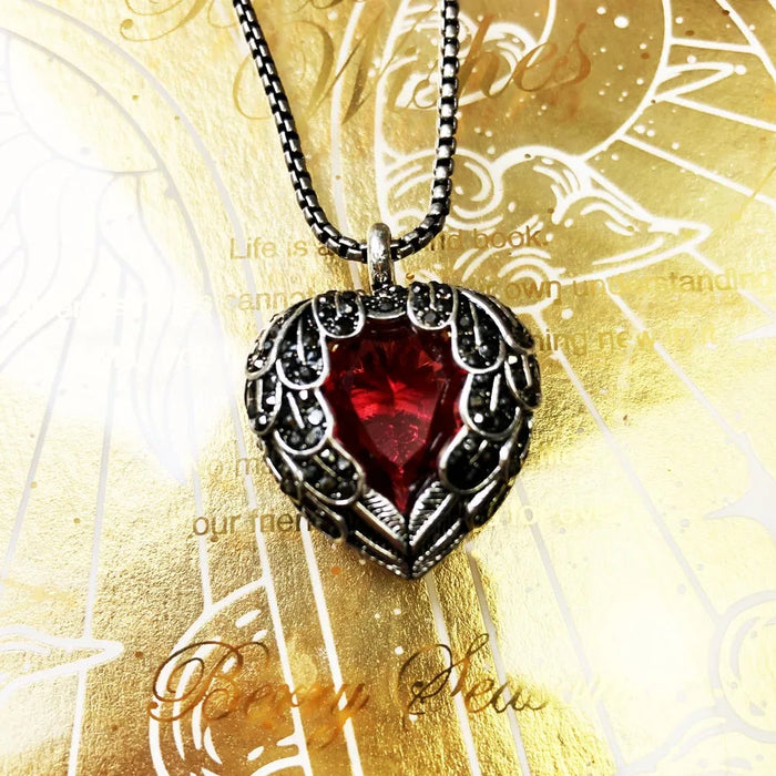 925 Sterling Silver Red Winged Heart Pendant Necklace European Style Fashion Jewelry For Women