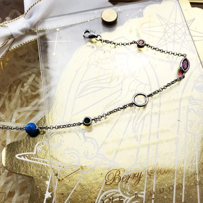 925 Sterling Silver Coloured Stones Charm Bracelet Link Chain Stylish For Women