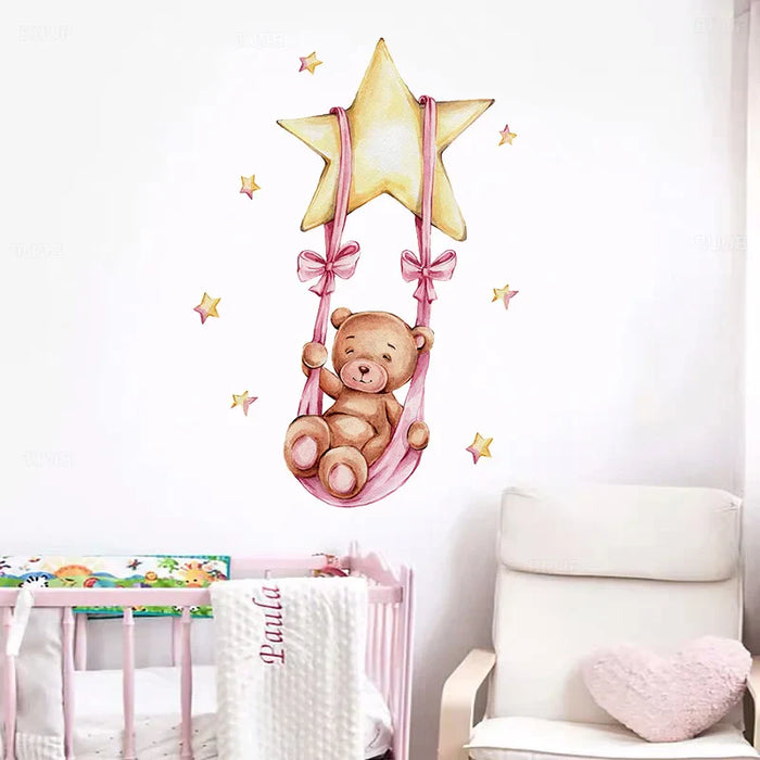 Sweet Teddy Girl Bear Swing Wall Stickers For Kids Room