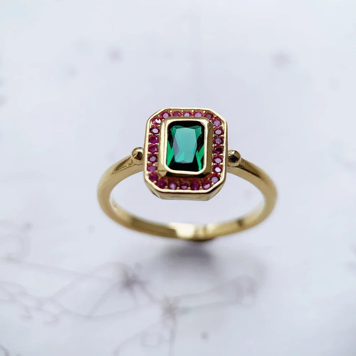 925 Sterling Silver Vintage Red & Green Stone Ring