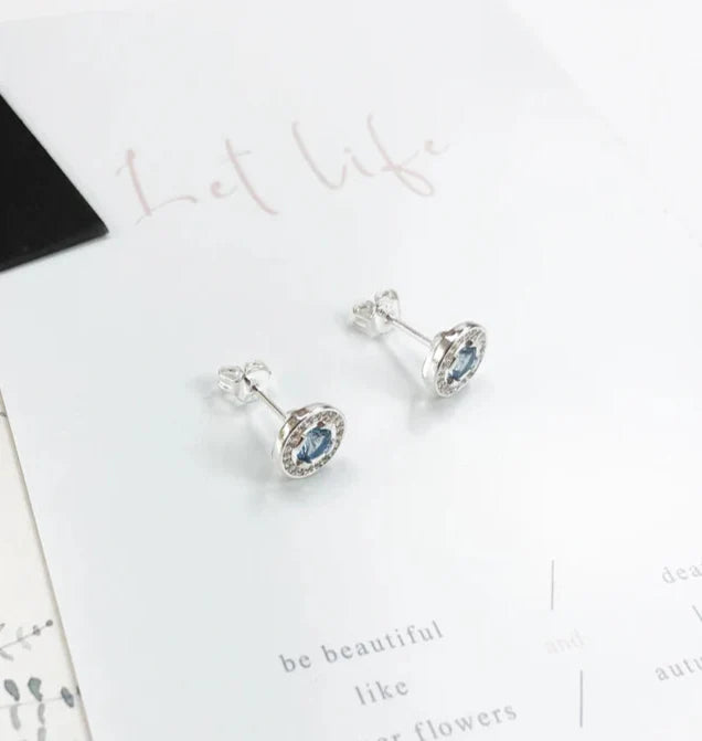 925 Sterling Silver Light Blue Stud Earrings Fine Crystal Gift