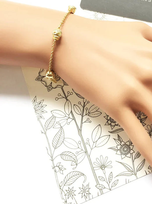 925 Sterling Silver 5 Skulls Gold Bracelet Chain For Women
