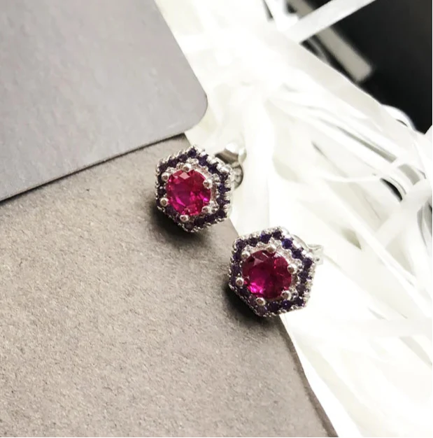 925 Sterling Silver Red Hexagon Stud Earrings Handcrafted Gift For Women
