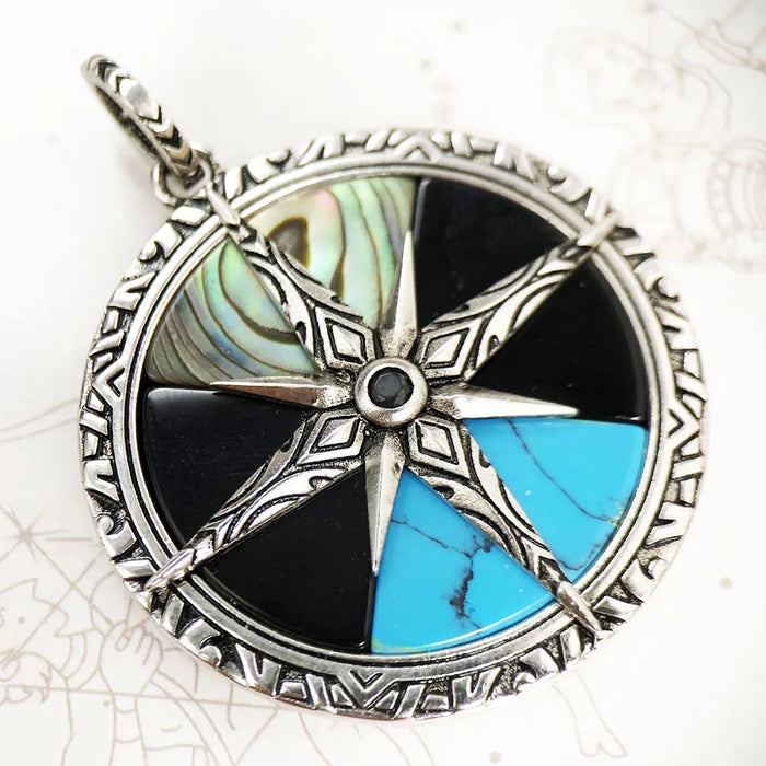 925 Sterling Silver Large Turquoise Compass Pendant Lucky Charm For Men & Women