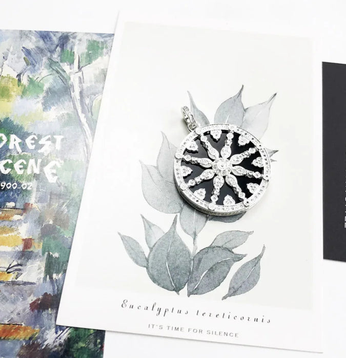 925 Sterling Silver Black Crystal Wheel Pendant Trendy Karma Jewelry Gift For Women & Men