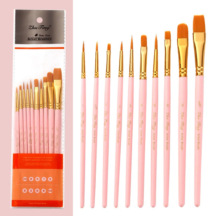 10 Piece Art Brush Set For Acrylic Gouache Oil Watercolour Wooden Handle Synthetic Nylon Tips