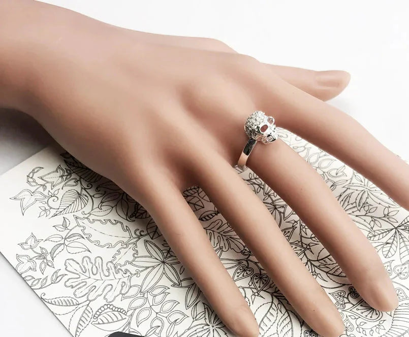 925 Sterling Silver White Pave Skull Ring Glam European Style Jewelry For Women