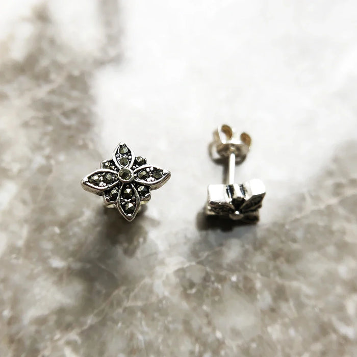 925 Sterling Silver Black Star Marcasite Stud Earrings