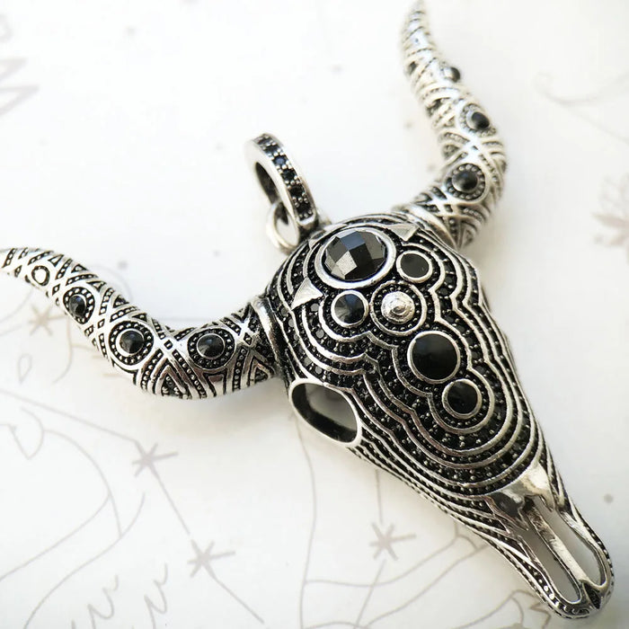 925 Sterling Silver Vintage Bull Skull Pendant Rebel Gift
