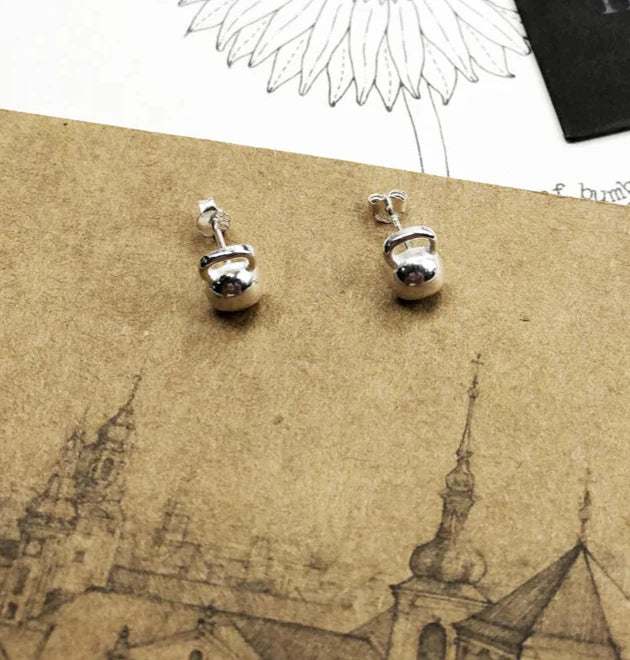 925 Sterling Silver Sporty Glam Kettlebell Stud Earrings