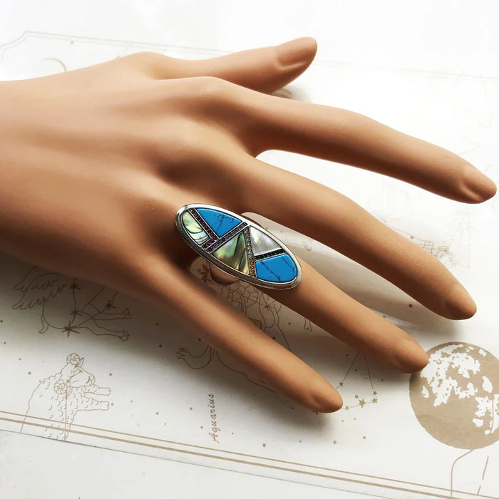 925 Sterling Silver Autumn Mystical Turquoise Ring Lucky Statement Jewelry For Women