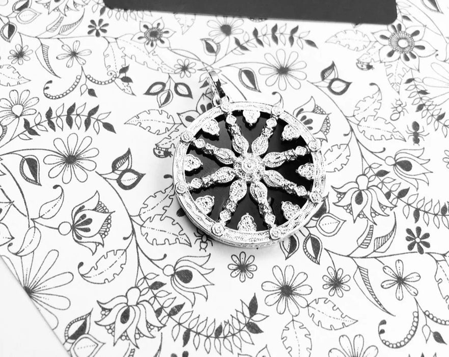 925 Sterling Silver Black Crystal Wheel Pendant Trendy Karma Jewelry Gift For Women & Men