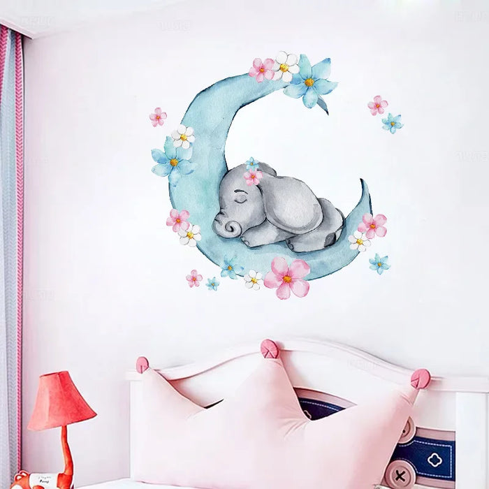 Sleeping Baby Elephant On Moon Wall Stickers For Nursery Room