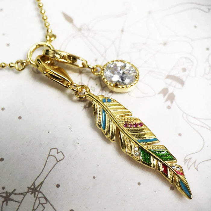 925 Sterling Silver Golden Feather & Oval Cz Charm Necklace Fashion Jewelry For Women