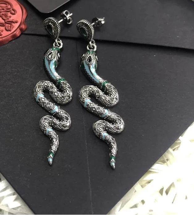 925 Sterling Silver Blue Snake Drop Earrings Handcrafted Bohemian Style Jewelry For Women