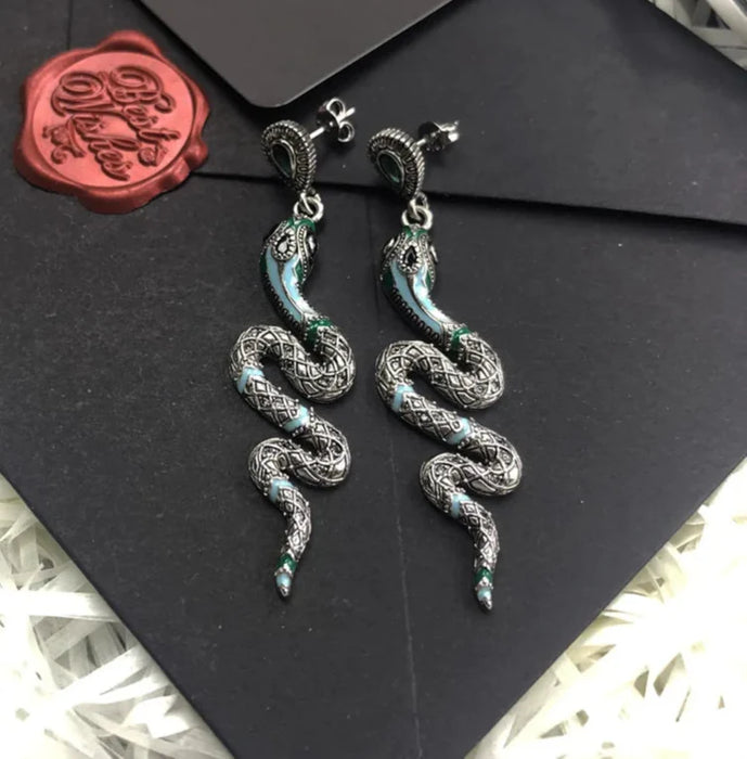 925 Sterling Silver Blue Snake Drop Earrings Handcrafted Bohemian Style Jewelry For Women