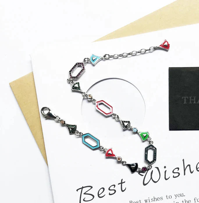 925 Sterling Silver Colourful Asian Ornament Link Chain Bracelet Feminine
