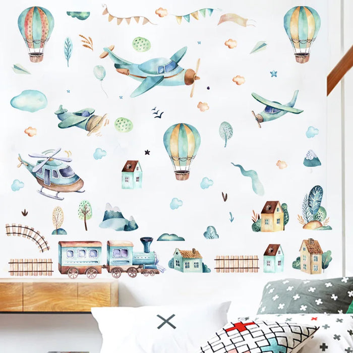 Cartoon Airplane & Train Wall Stickers For Kids Room Decor