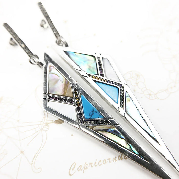 925 Sterling Silver Turquoise Triangle Earrings Lucky Charm For Women Jewelry