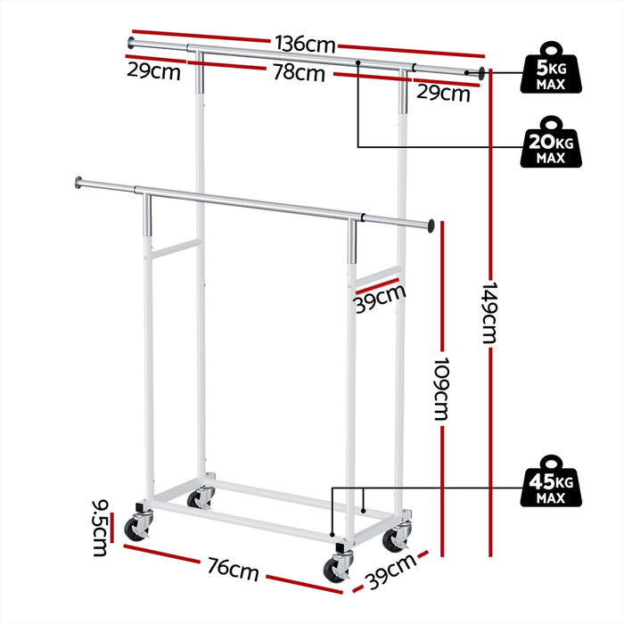 Clothes Rack Double Rod Airer Rail Coat Stand Adjustable Hanger