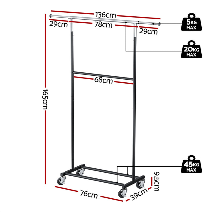 Clothes Rack Double Rod Airer Rail Coat Stand Adjustable Hanger