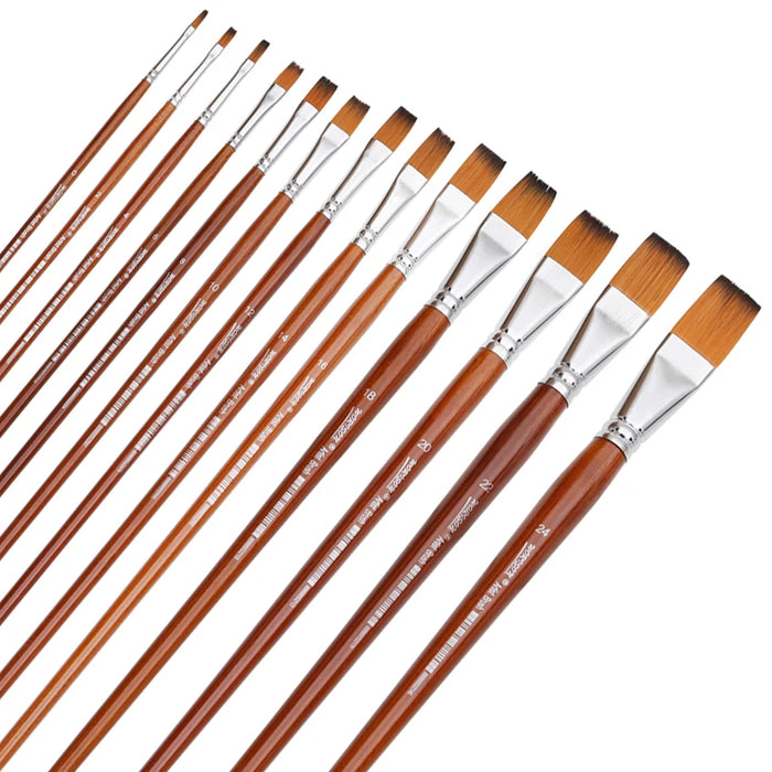 13Pc Long Handle Flat Brushes For Acrylic Oil Watercolour