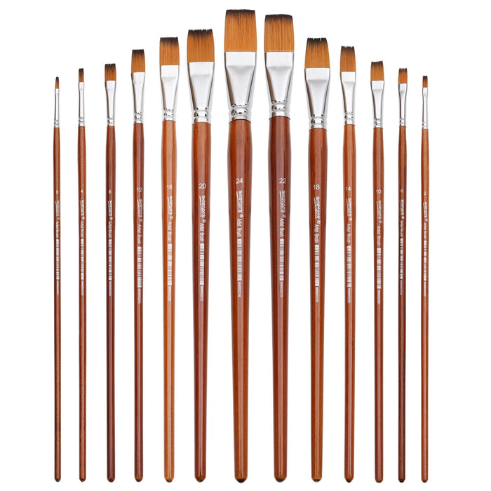 13Pc Long Handle Flat Brushes For Acrylic Oil Watercolour