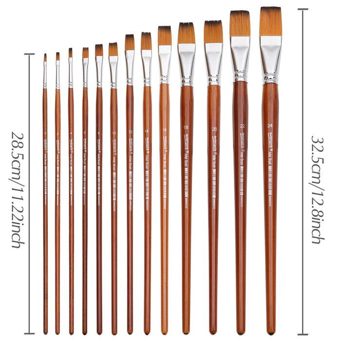 13Pc Long Handle Flat Brushes For Acrylic Oil Watercolour