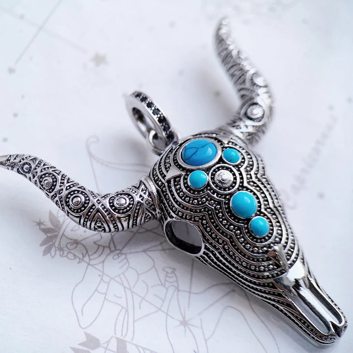 925 Sterling Silver Blue Bull Head Skull Pendant Turquoise Rebel Jewelry For Men & Women