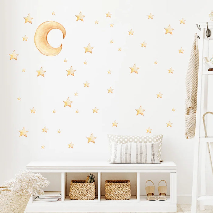Gold Moon And Stars Wall Stickers For Kids Room Decor
