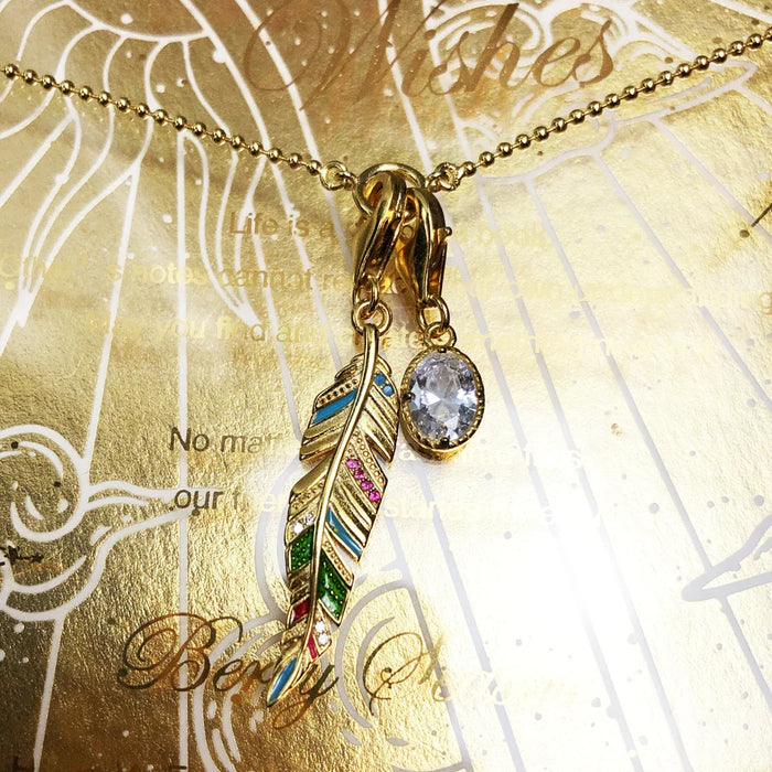 925 Sterling Silver Golden Feather & Oval Cz Charm Necklace Fashion Jewelry For Women