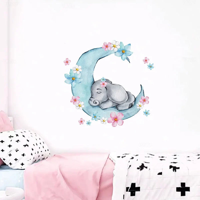 Sleeping Baby Elephant On Moon Wall Stickers For Nursery Room