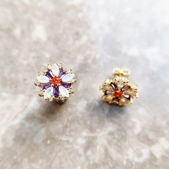 925 Sterling Silver Floral Stud Earrings With Colourful Stones