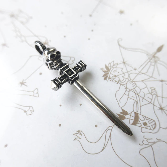 925 Sterling Silver Small Skull Sword Pendant Rebels Jewelry Warrior Gift