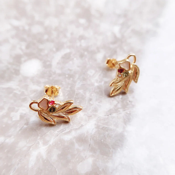 925 Sterling Silver Golden Flower & Leaf Ear Studs Romantic Gift