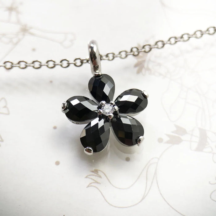 925 Sterling Silver Romantic Gift Black Petals Flower Necklace