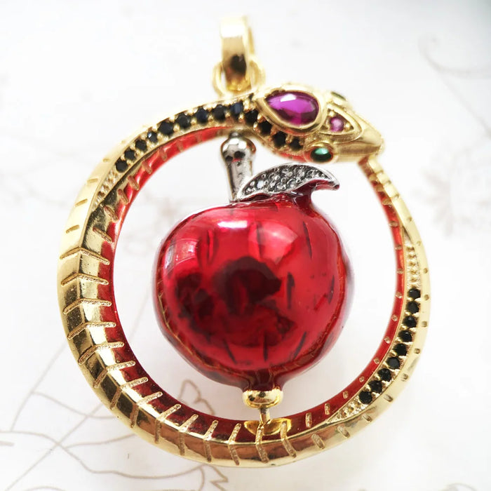 925 Sterling Silver Romantic Red Apple Pendant With Golden Snake