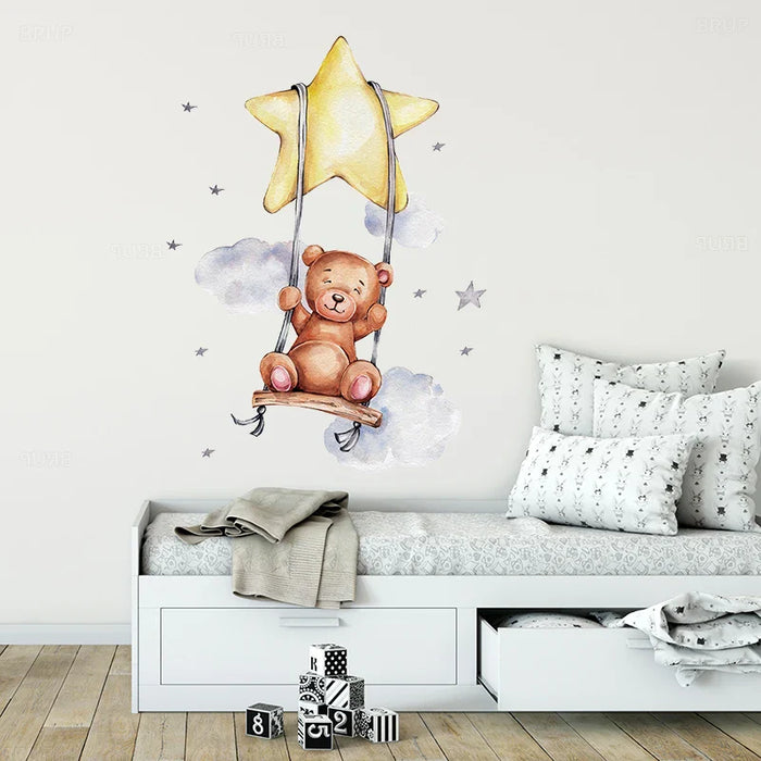 Swing Teddy Bear Wall Stickers For Kids Room Decoration