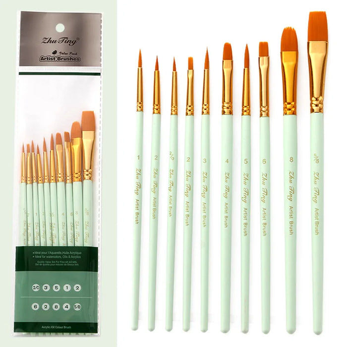 10 Piece Art Brush Set For Acrylic Gouache Oil Watercolour Wooden Handle Synthetic Nylon Tips