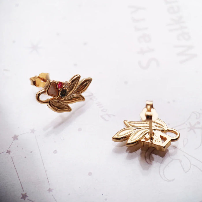925 Sterling Silver Golden Flower & Leaf Ear Studs Romantic Gift